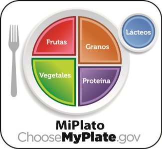Plato dividido en frutas, granos, vegetales, proteína y, al lado, un vaso de lácteos
